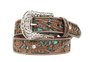 Ariat Ladies Floral Tooled with Turquoise Inlay Crystal Belt