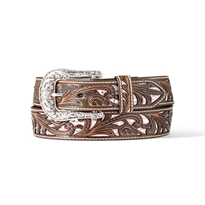 Ariat Ladies Pink Crystal Belt with Brown Leather Floral Overlay