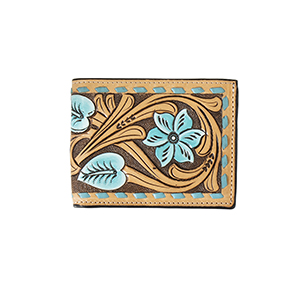 3D Men's Tan Floral Turquoise Tooled Bi Fold Wallet