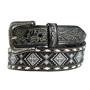 Men's Nocona Black and White Beaded Belt with White Lace