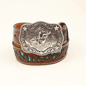 Nocona Kid's Bull Rider Brown Leather Turquoise Inlay Belt