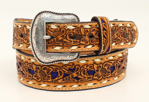 Nocona Men's Tan Flora with Blue Inlay Belt