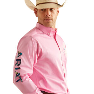 Ariat Men's Pink/ Directoire Blue Team Logo Button Down Long Sleeve Shirt